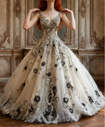 Niulatu V-neck A-Line Tulle Long Prom Dresses Tulle Beaded Applique White Quincea?era Dresses 2025 Halloween Dress HZ1026